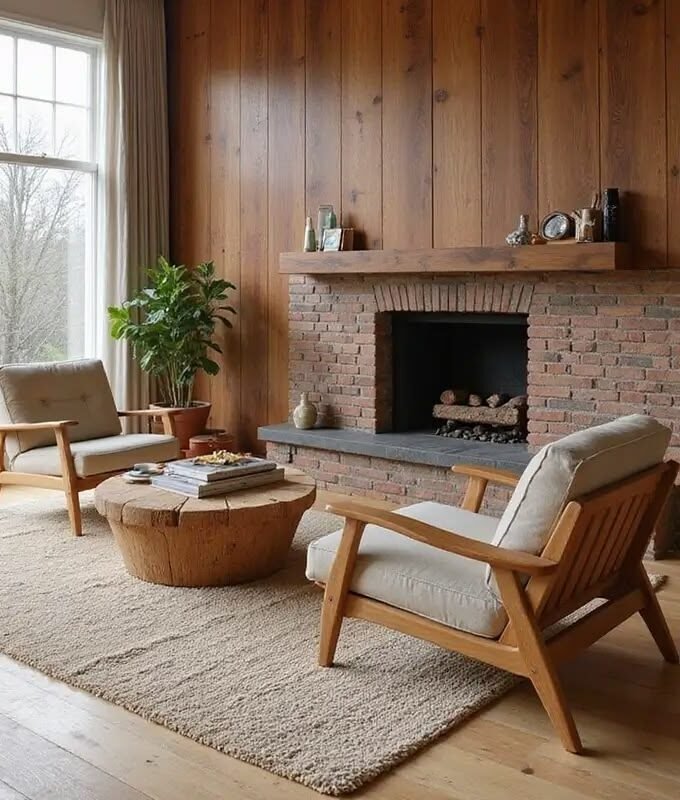 21 Stunning Mid-Century Modern Ranch Living Room with Walnut-Paneled Walls & Brick Fireplace - Home by Maria Faller.jpg
